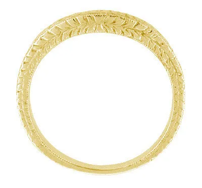 Art Deco Curved Engraved Wheat Diamond Wedding Band in 14 Karat Yellow Gold