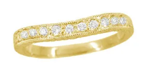 Art Deco Curved Engraved Wheat Diamond Wedding Band in 14 Karat Yellow Gold