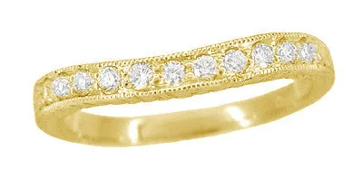 Art Deco Curved Engraved Wheat Diamond Wedding Band in 14 Karat Yellow Gold