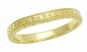 Art Deco Curved Engraved Wheat Wedding Band in 18 Karat Yellow Gold