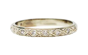 Art Deco Diamond 18 Karat White Gold Engraved Band Ring