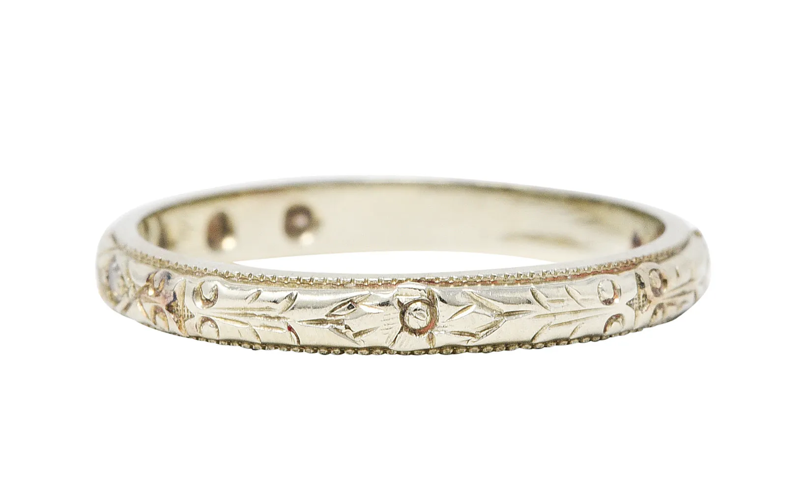 Art Deco Diamond 18 Karat White Gold Engraved Band Ring