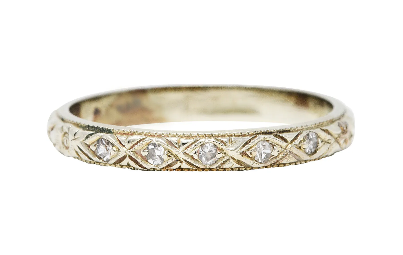 Art Deco Diamond 18 Karat White Gold Engraved Band Ring