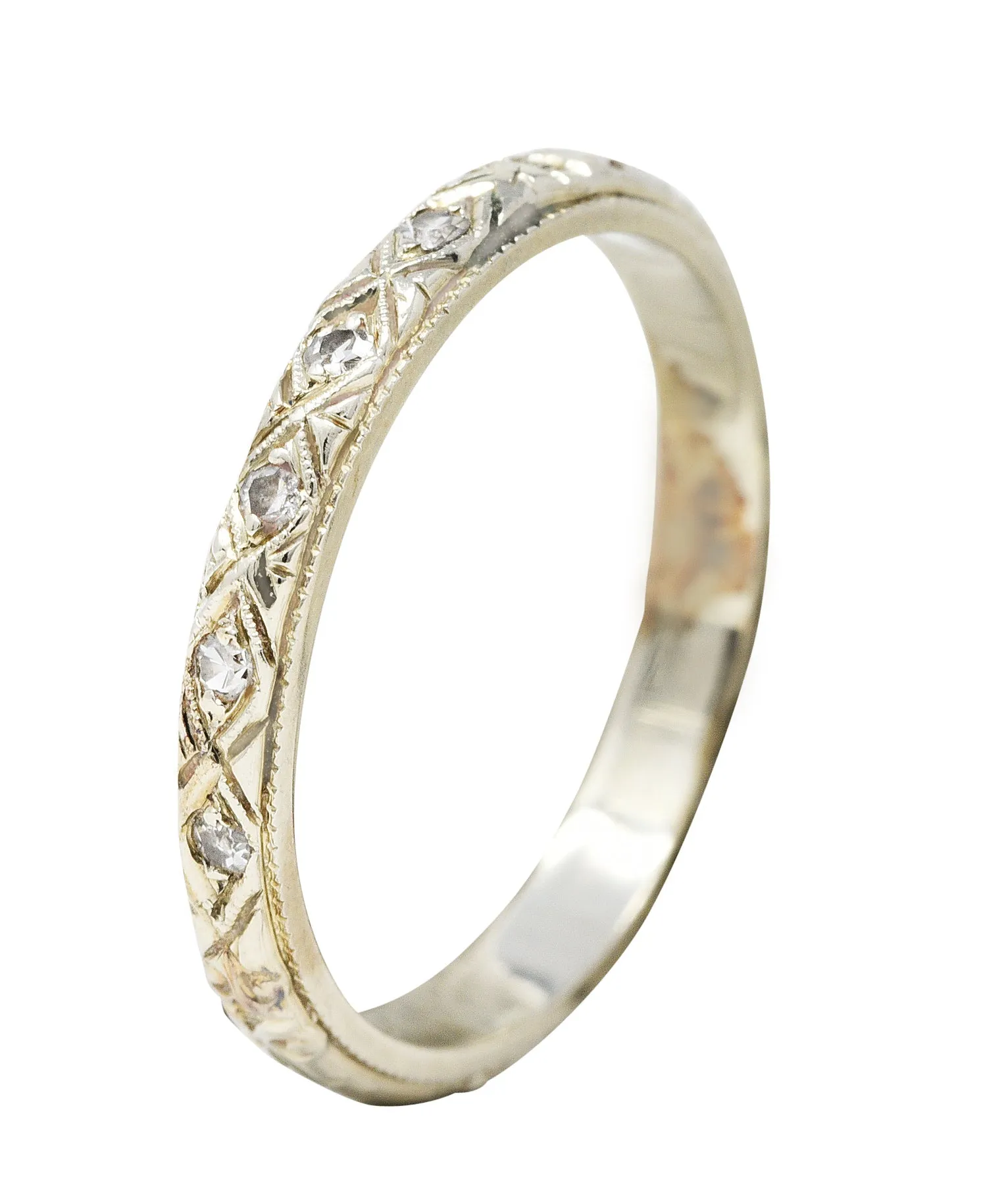 Art Deco Diamond 18 Karat White Gold Engraved Band Ring