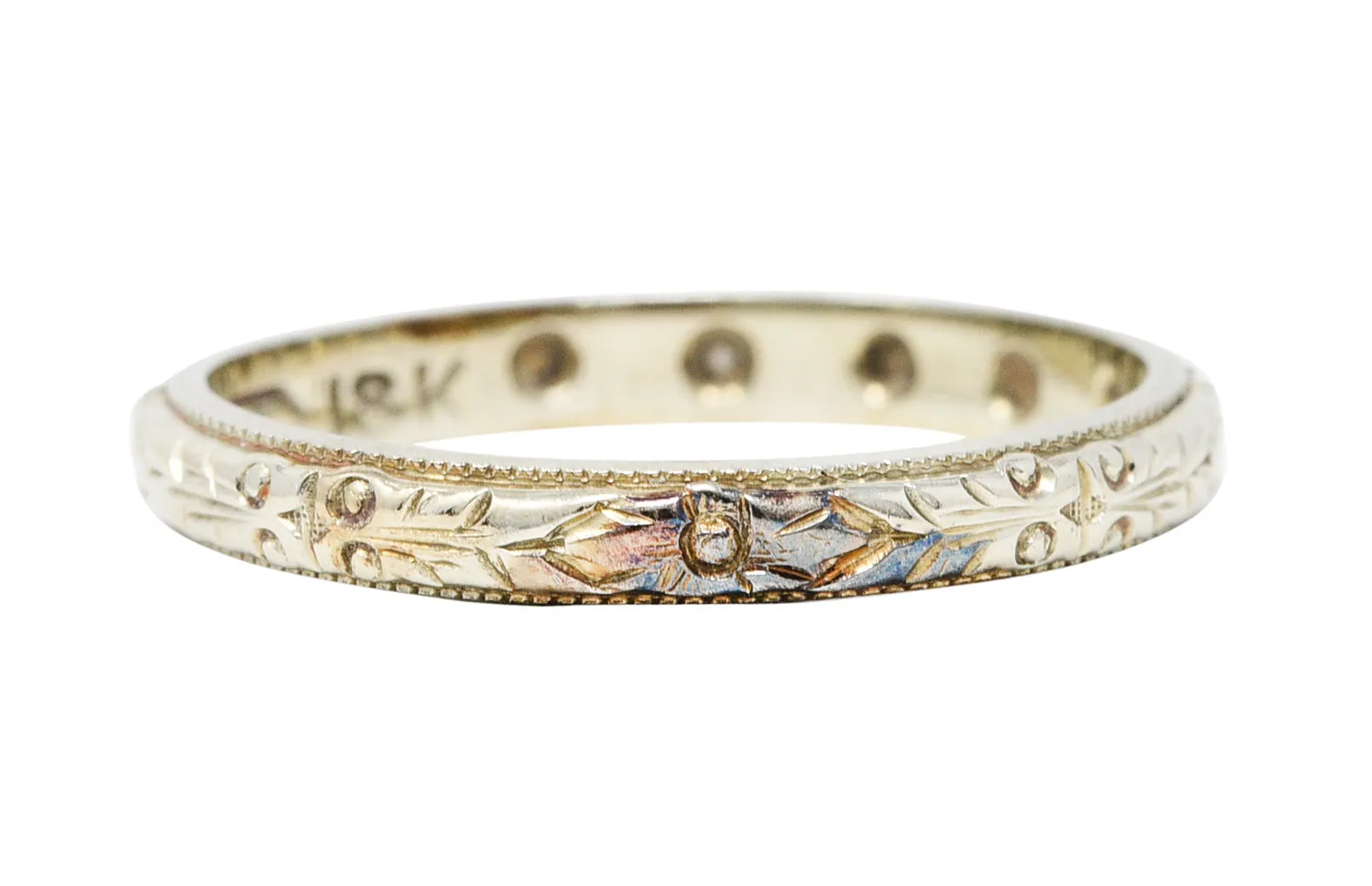 Art Deco Diamond 18 Karat White Gold Engraved Band Ring