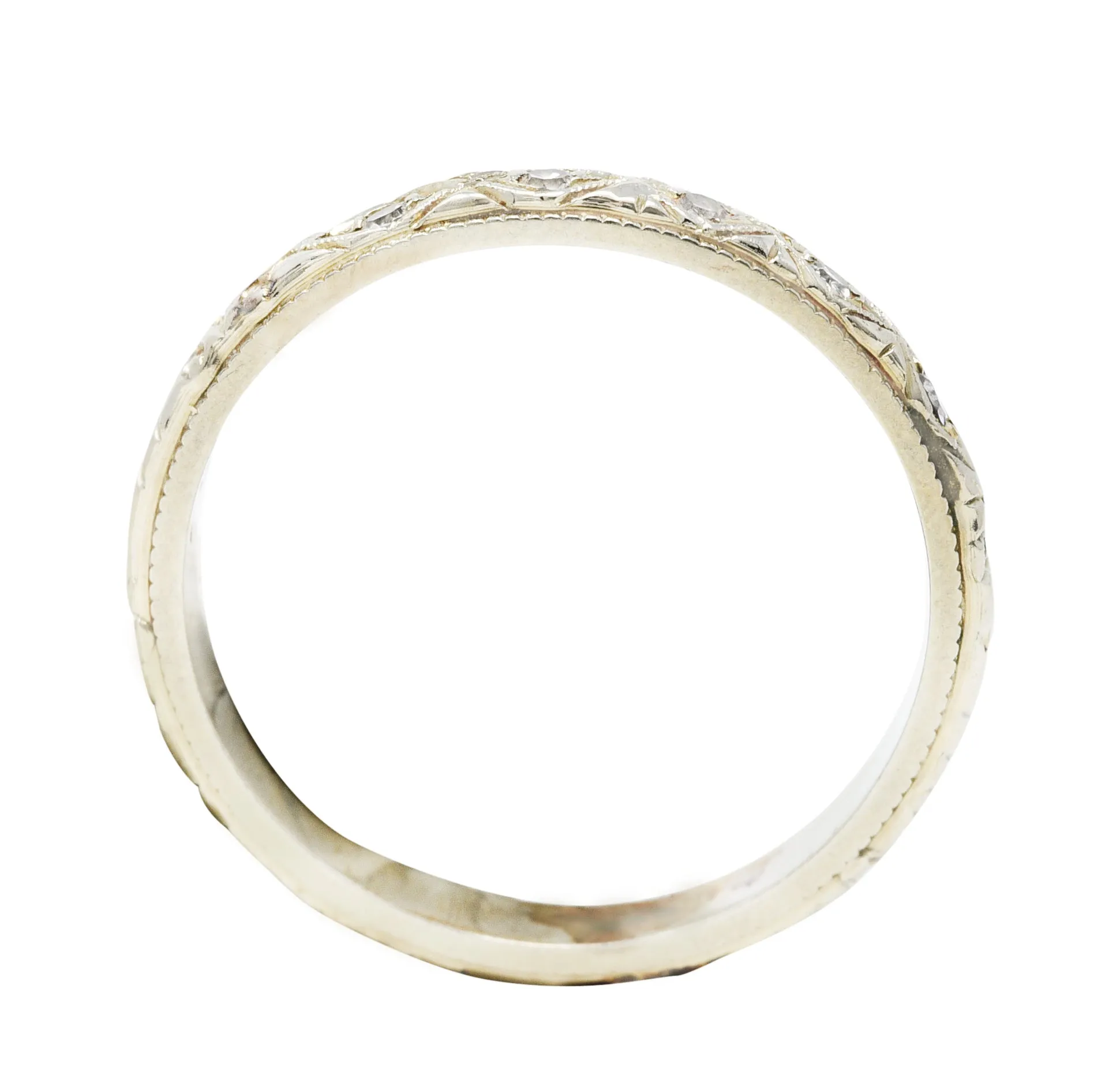 Art Deco Diamond 18 Karat White Gold Engraved Band Ring