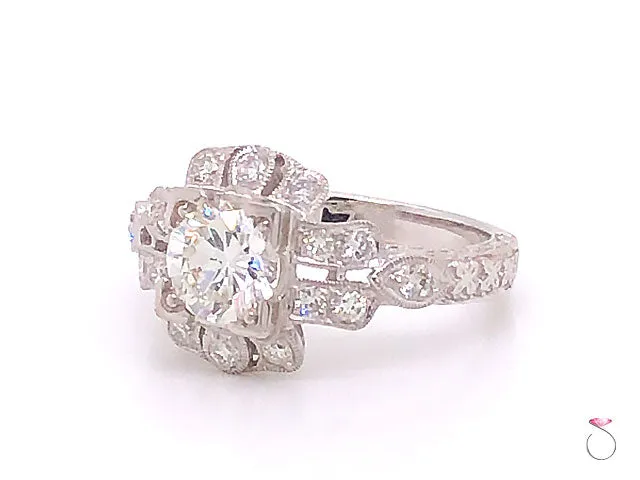 Art Deco Diamond Engagement Ring- 18k White Gold, 1.34 Carats
