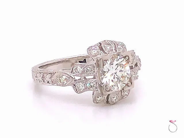 Art Deco Diamond Engagement Ring- 18k White Gold, 1.34 Carats