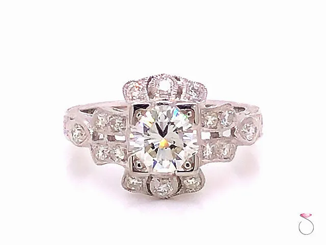 Art Deco Diamond Engagement Ring- 18k White Gold, 1.34 Carats