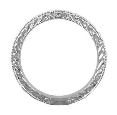 Art Deco Diamond Engraved Companion Wedding Ring in 18 Karat White Gold