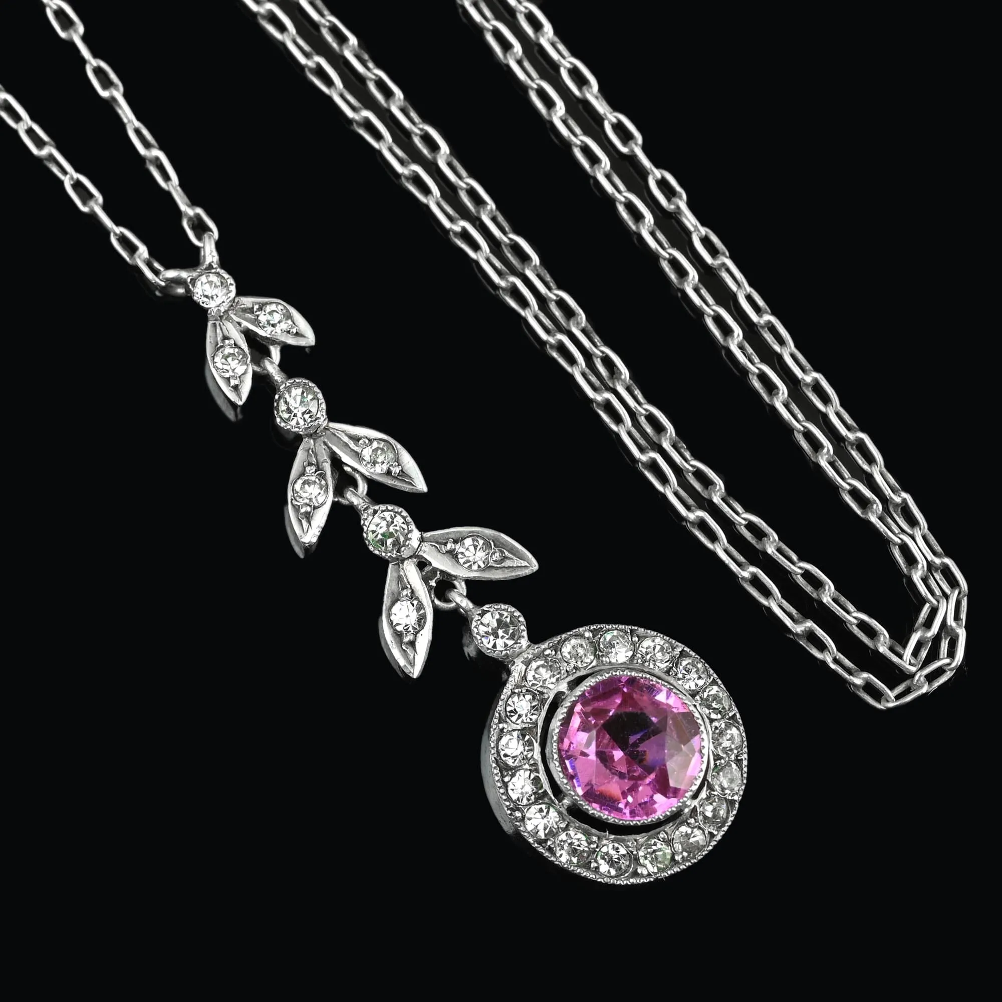 Art Deco Diamond Pink Sapphire Paste Pendant Necklace