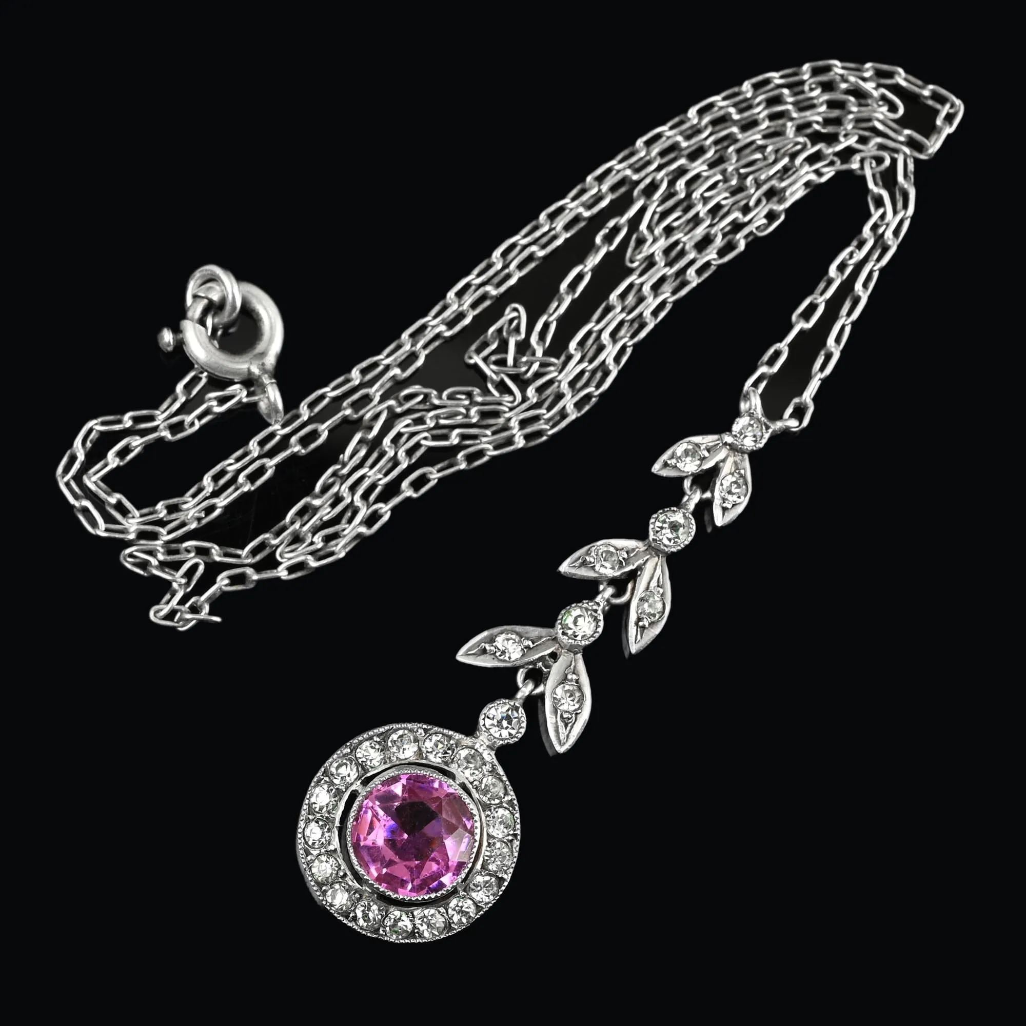 Art Deco Diamond Pink Sapphire Paste Pendant Necklace