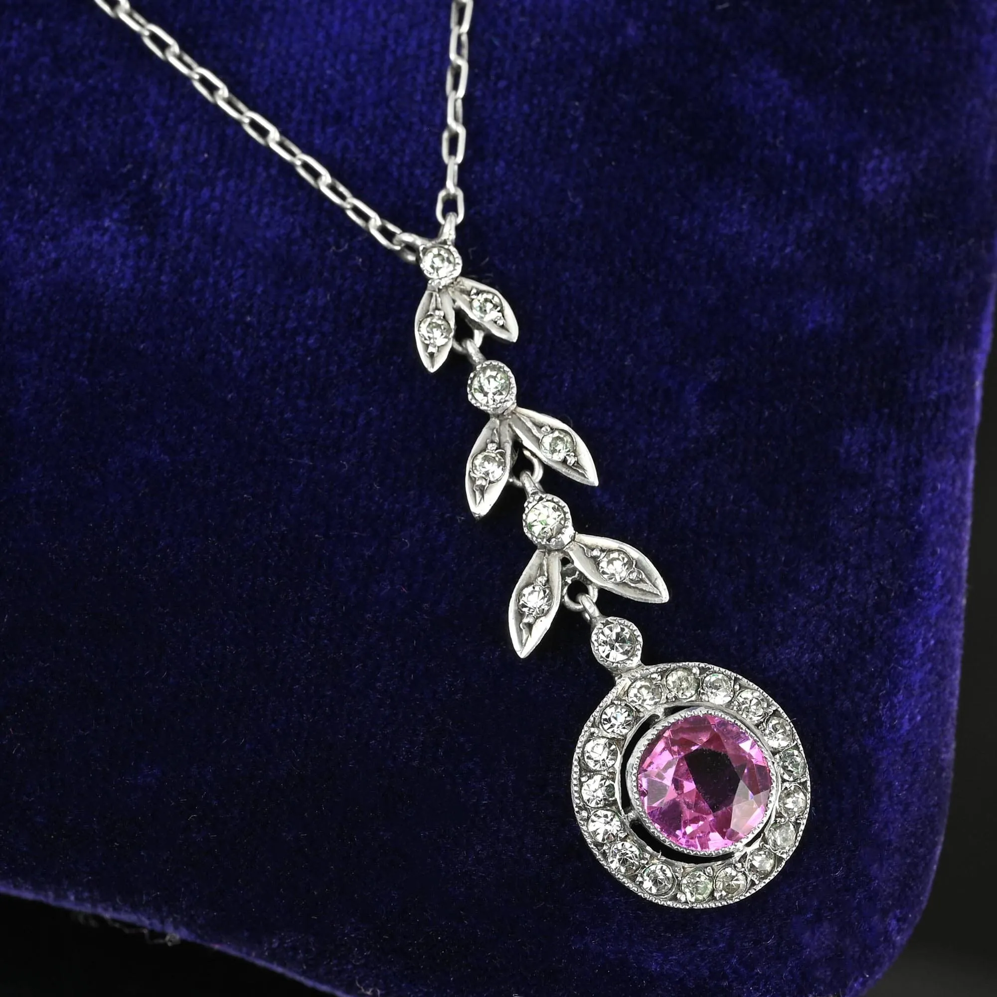 Art Deco Diamond Pink Sapphire Paste Pendant Necklace