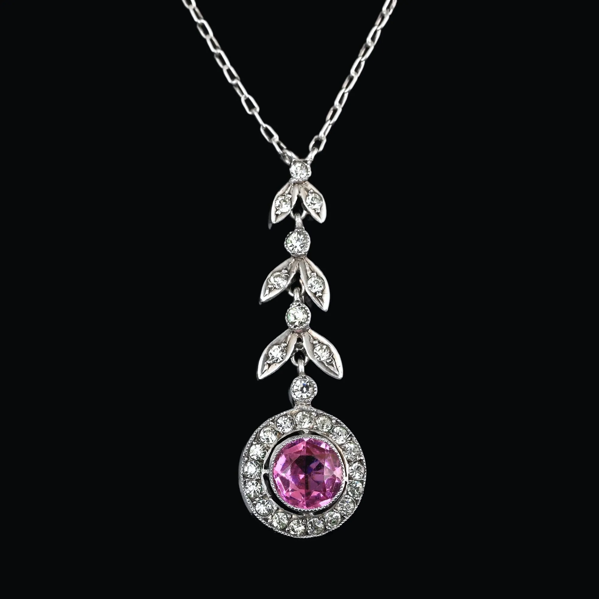 Art Deco Diamond Pink Sapphire Paste Pendant Necklace