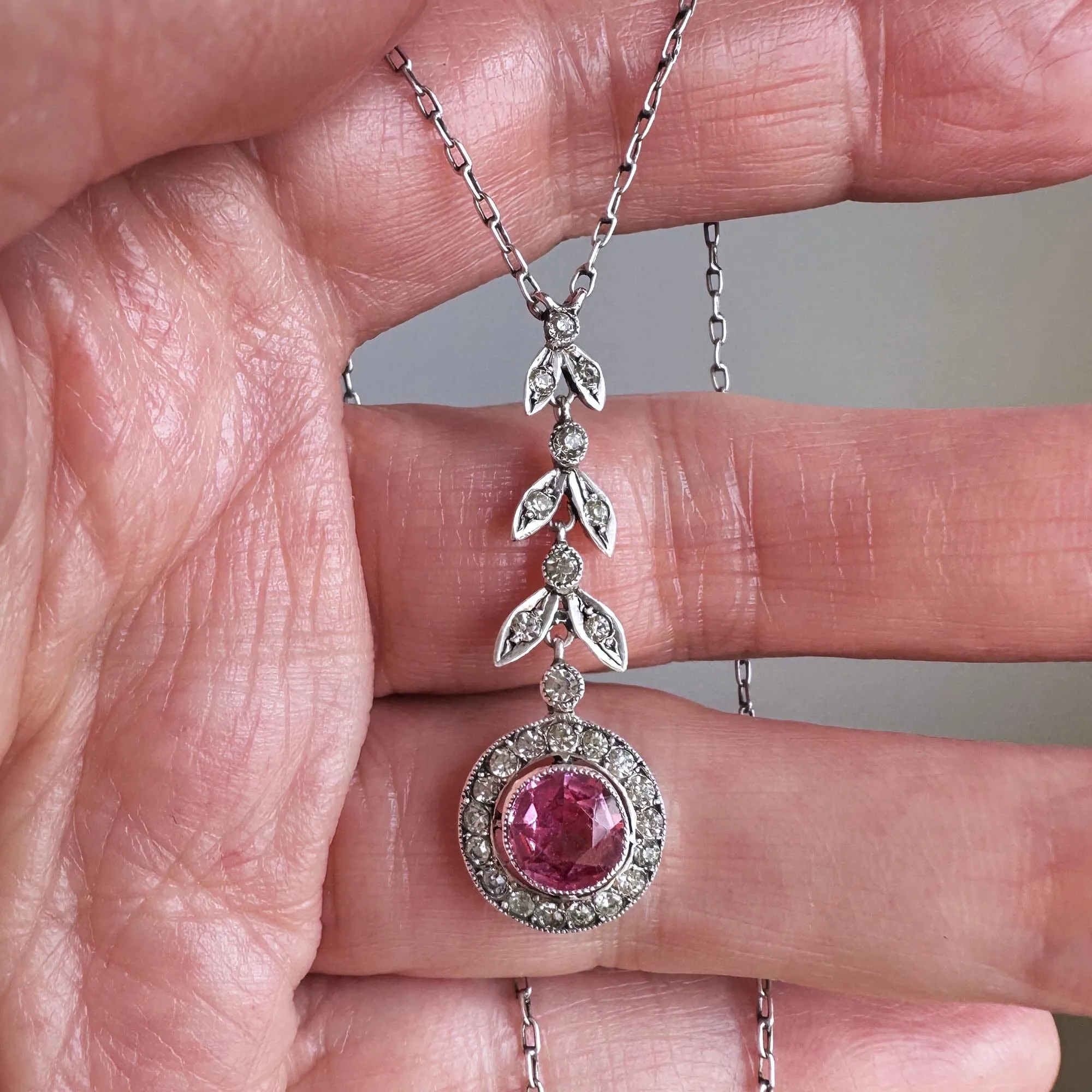 Art Deco Diamond Pink Sapphire Paste Pendant Necklace