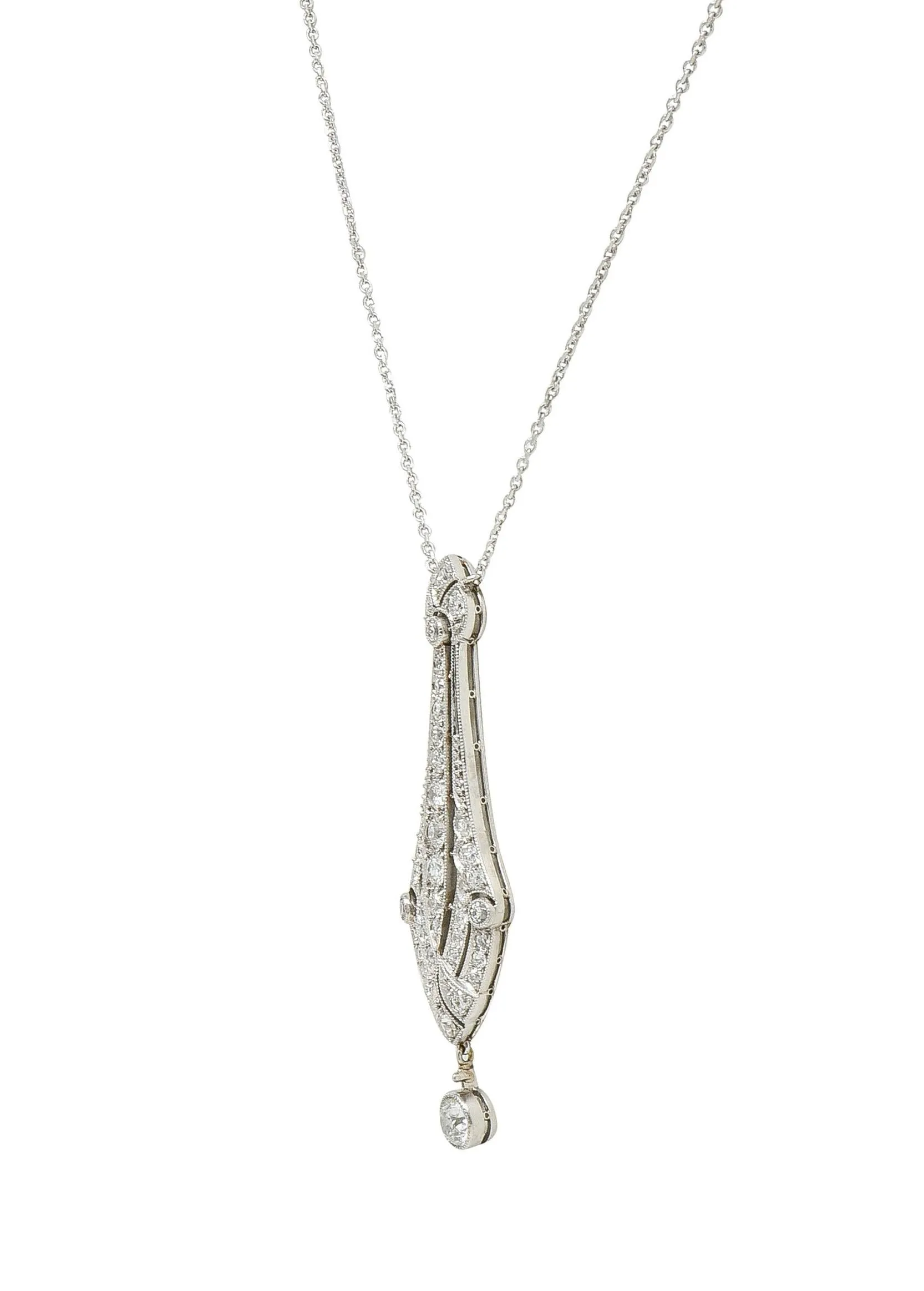 Art Deco Diamond Platinum 14 Karat Gold Pendant Vintage Drop Necklace