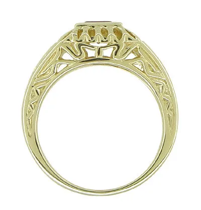 Art Deco Egyptian Motif Filigree Garnet Ring in 14 Karat Yellow Gold