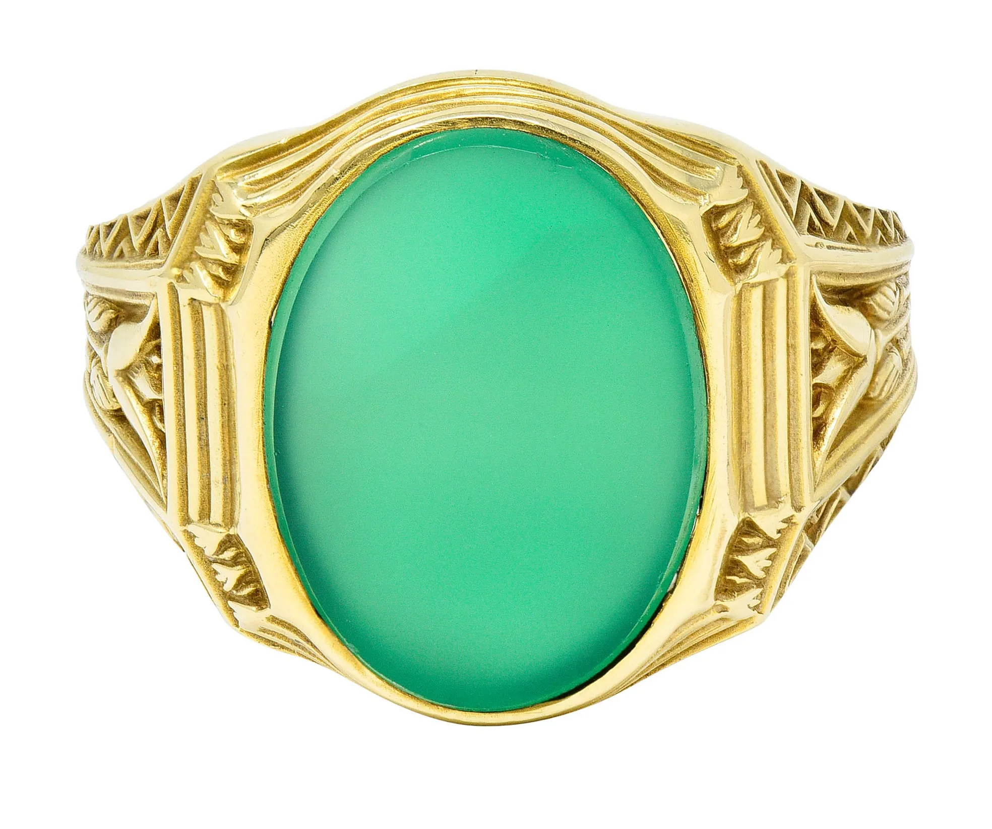 Art Deco Egyptian Revival Chrysoprase 14 Karat Gold Lotus Unisex Signet Ring