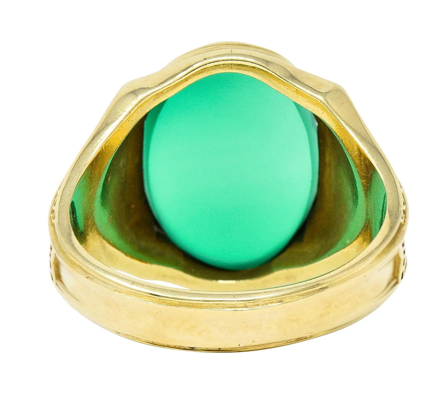 Art Deco Egyptian Revival Chrysoprase 14 Karat Gold Lotus Unisex Signet Ring