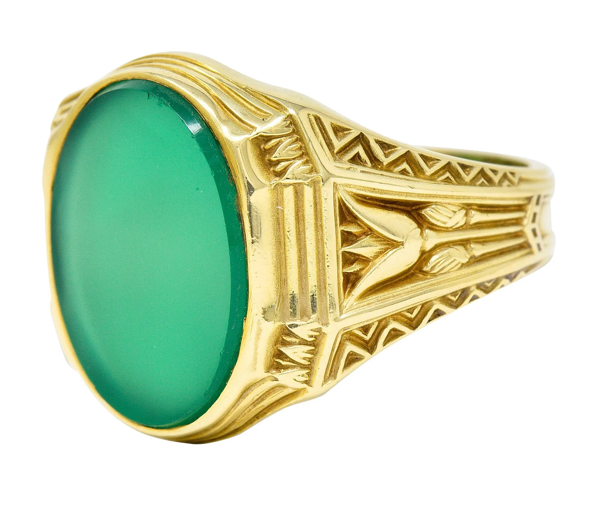 Art Deco Egyptian Revival Chrysoprase 14 Karat Gold Lotus Unisex Signet Ring