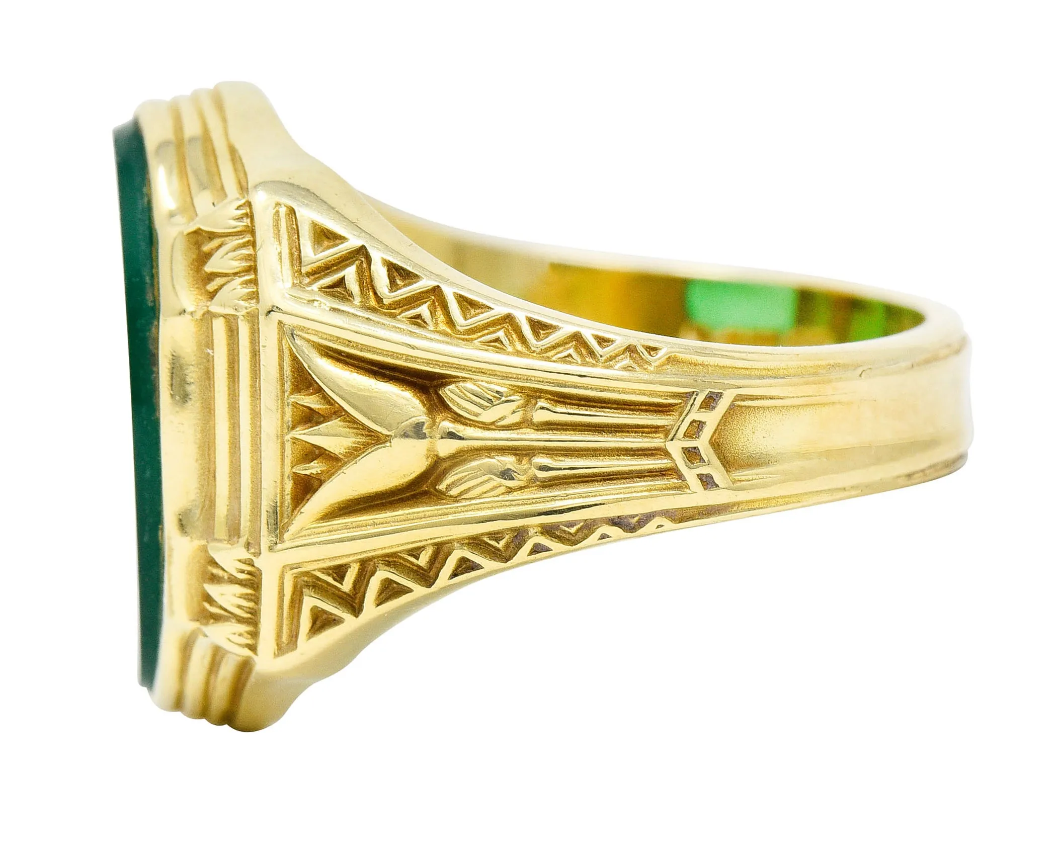 Art Deco Egyptian Revival Chrysoprase 14 Karat Gold Lotus Unisex Signet Ring