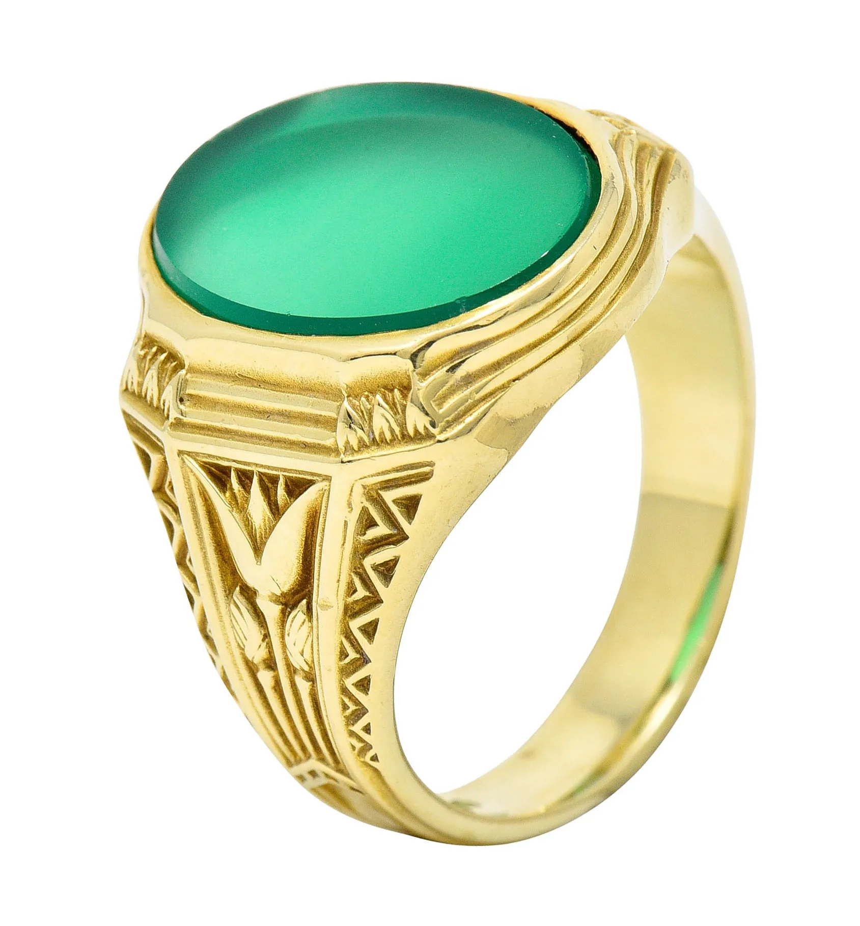 Art Deco Egyptian Revival Chrysoprase 14 Karat Gold Lotus Unisex Signet Ring