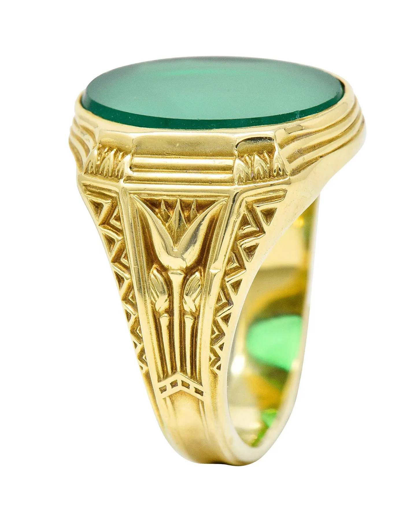 Art Deco Egyptian Revival Chrysoprase 14 Karat Gold Lotus Unisex Signet Ring