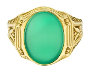 Art Deco Egyptian Revival Chrysoprase 14 Karat Gold Lotus Unisex Signet Ring
