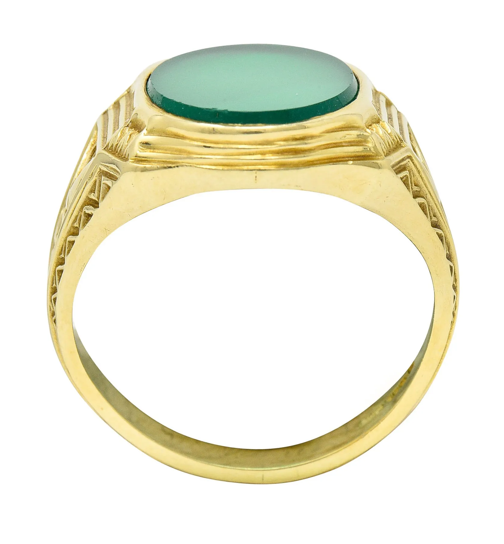 Art Deco Egyptian Revival Chrysoprase 14 Karat Gold Lotus Unisex Signet Ring