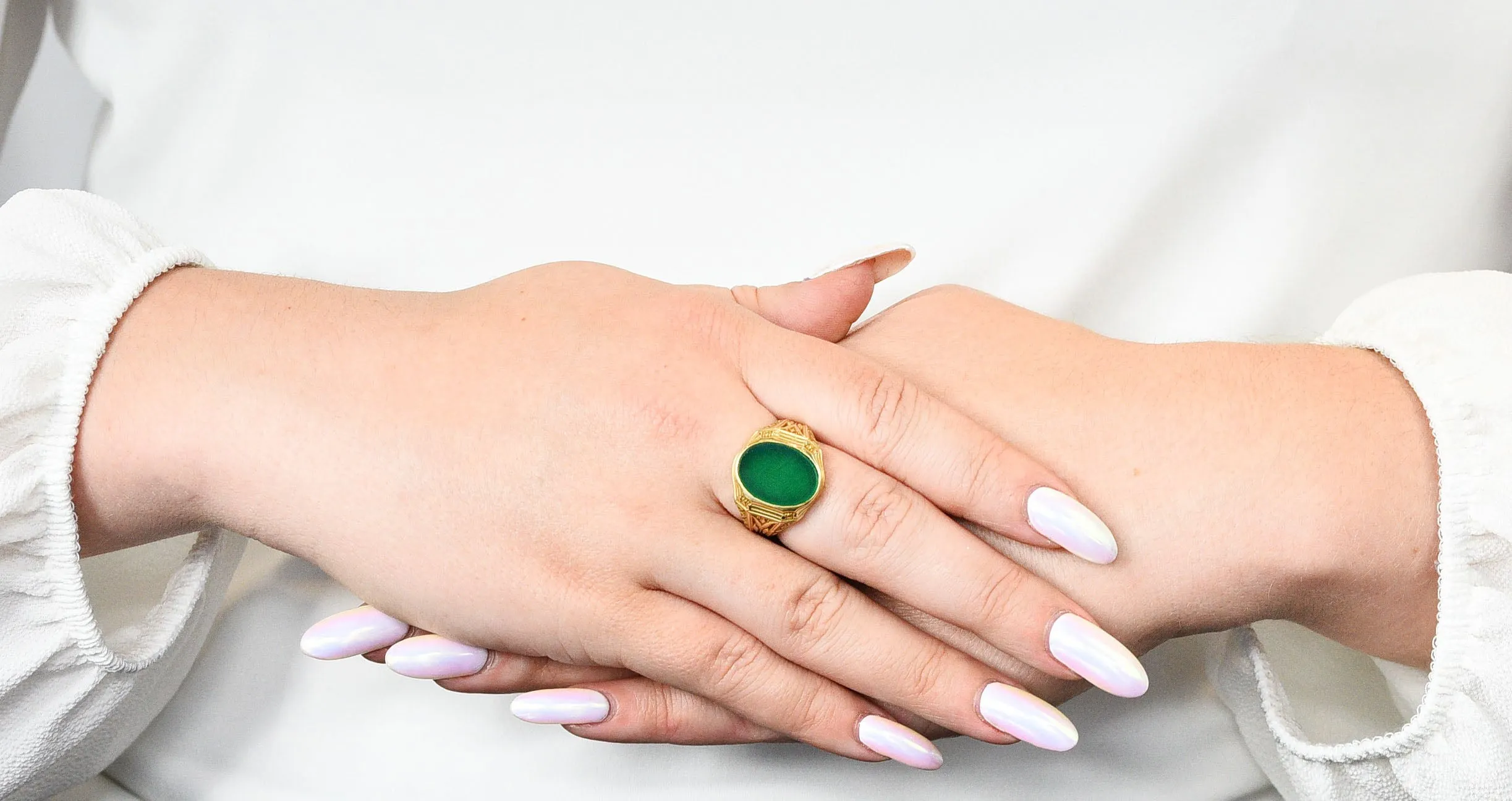 Art Deco Egyptian Revival Chrysoprase 14 Karat Gold Lotus Unisex Signet Ring