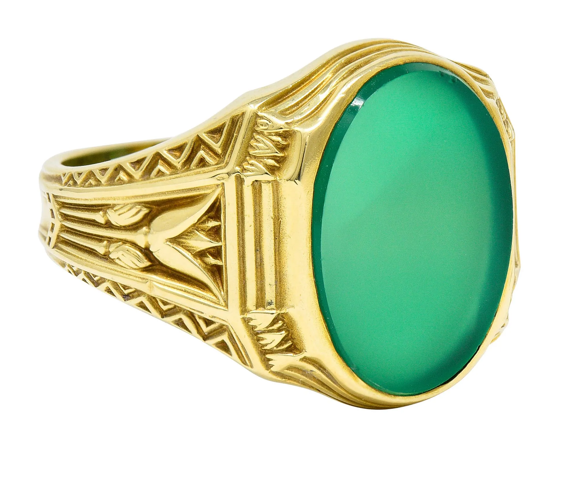 Art Deco Egyptian Revival Chrysoprase 14 Karat Gold Lotus Unisex Signet Ring
