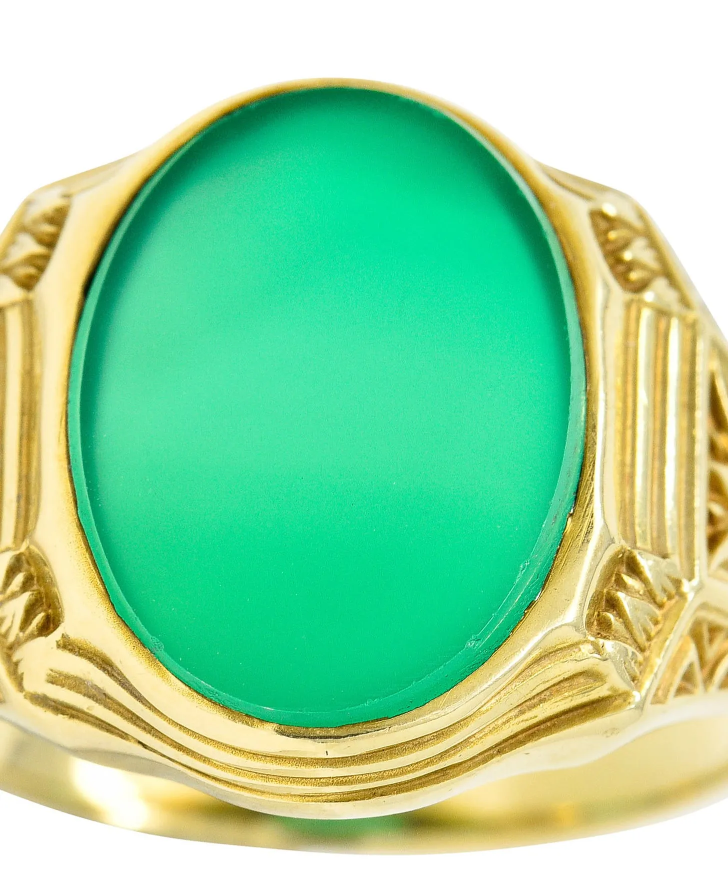 Art Deco Egyptian Revival Chrysoprase 14 Karat Gold Lotus Unisex Signet Ring