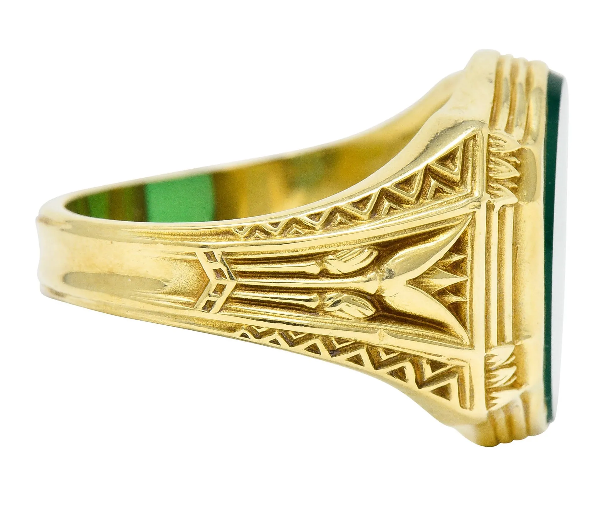 Art Deco Egyptian Revival Chrysoprase 14 Karat Gold Lotus Unisex Signet Ring