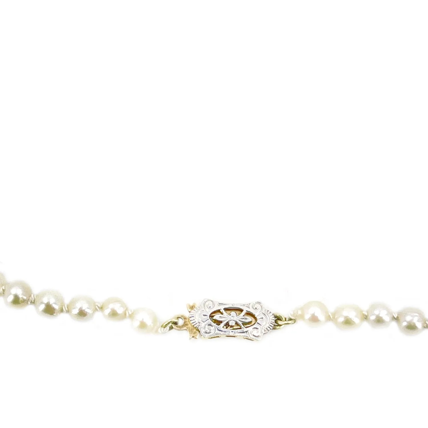 Art Deco Engraved Japanese Saltwater Cultured Akoya Pearl Necklace - 14K Two-Tone Gold 20 Inch