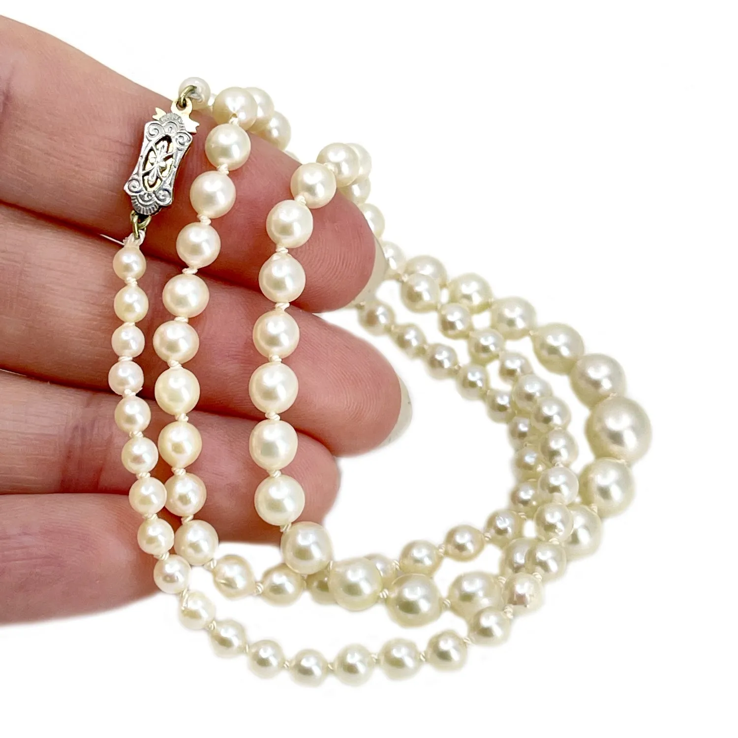 Art Deco Engraved Japanese Saltwater Cultured Akoya Pearl Necklace - 14K Two-Tone Gold 20 Inch