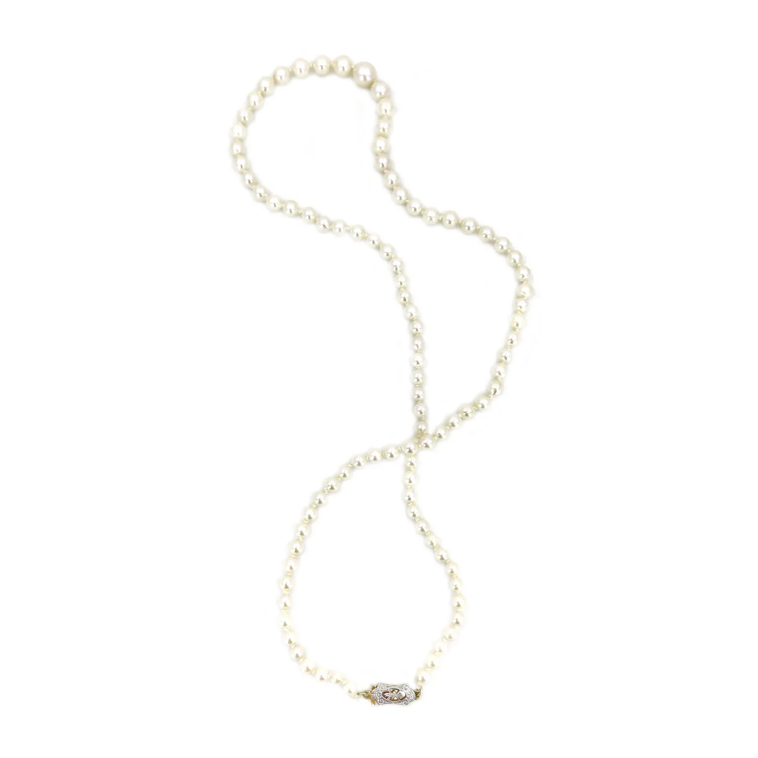 Art Deco Engraved Japanese Saltwater Cultured Akoya Pearl Necklace - 14K Two-Tone Gold 20 Inch