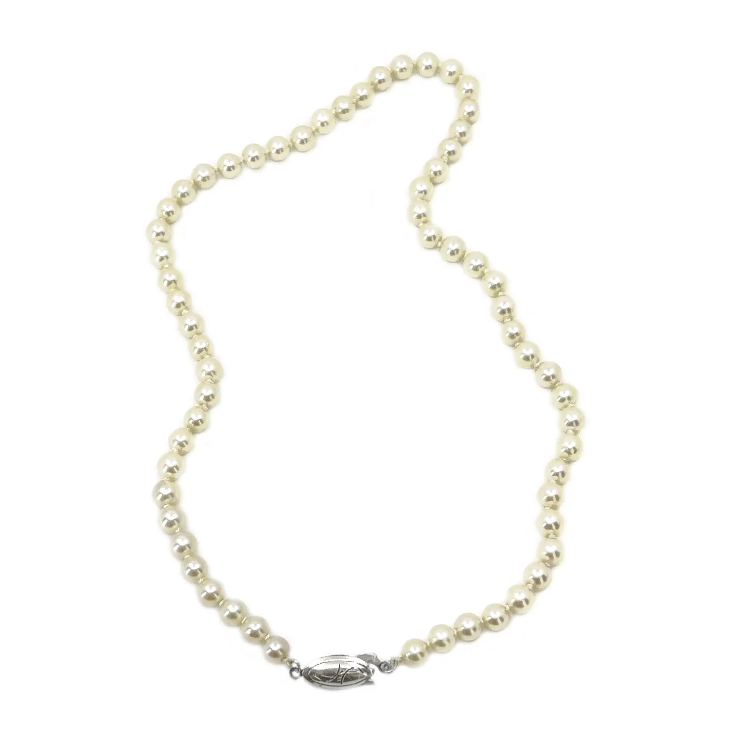 Art Deco Engraved Japanese Saltwater Cultured Akoya Pearl Vintage Choker Necklace - Sterling Silver 16.50 Inch