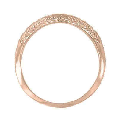 Art Deco Engraved Olive Leaves and Wheat Curved Wedding Band in 14 Karat Rose ( Pink ) Gold