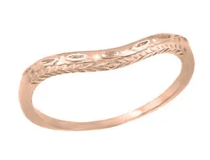 Art Deco Engraved Olive Leaves and Wheat Curved Wedding Band in 14 Karat Rose ( Pink ) Gold