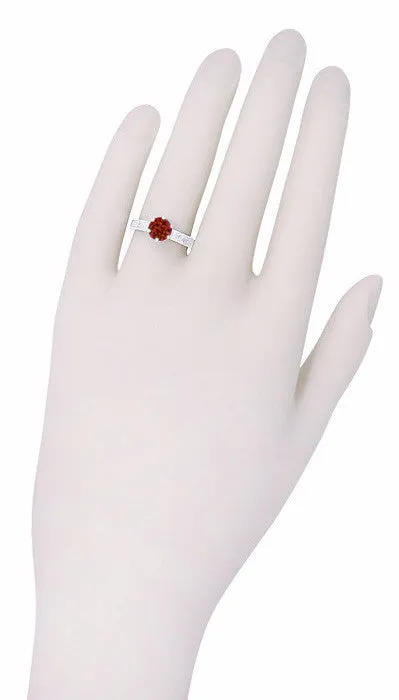 Art Deco Engraved Scrolls 1.5 Carat Almandine Garnet Filigree Crown Solitaire Engagement Ring in 18 Karat White Gold