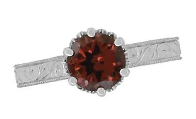 Art Deco Engraved Scrolls 1.5 Carat Almandine Garnet Filigree Crown Solitaire Engagement Ring in 18 Karat White Gold