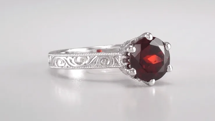 Art Deco Engraved Scrolls 1.5 Carat Almandine Garnet Filigree Crown Solitaire Engagement Ring in 18 Karat White Gold
