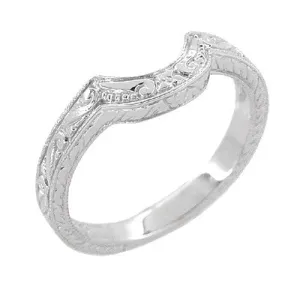 Art Deco Engraved Scrolls and Wheat Curved Wedding Band in 18 Karat White Gold