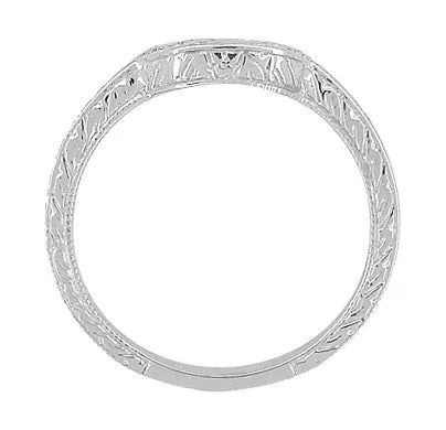 Art Deco Engraved Scrolls and Wheat Curved Wedding Band in 18 Karat White Gold