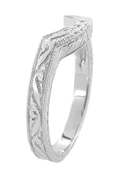 Art Deco Engraved Scrolls and Wheat Curved Wedding Band in 18 Karat White Gold