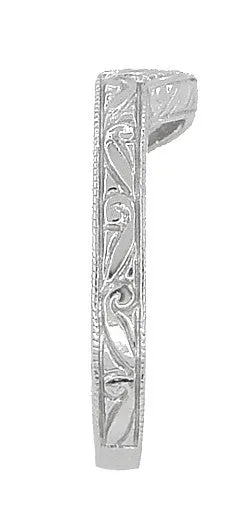 Art Deco Engraved Scrolls and Wheat Curved Wedding Band in 18 Karat White Gold