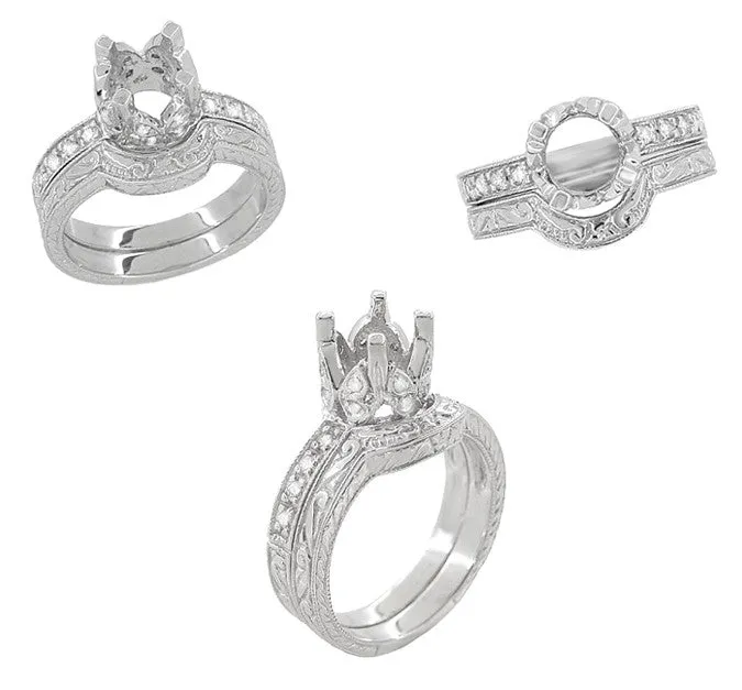 Art Deco Engraved Scrolls and Wheat Curved Wedding Band in 18 Karat White Gold