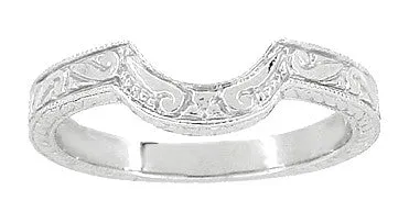 Art Deco Engraved Scrolls and Wheat Curved Wedding Band in 18 Karat White Gold