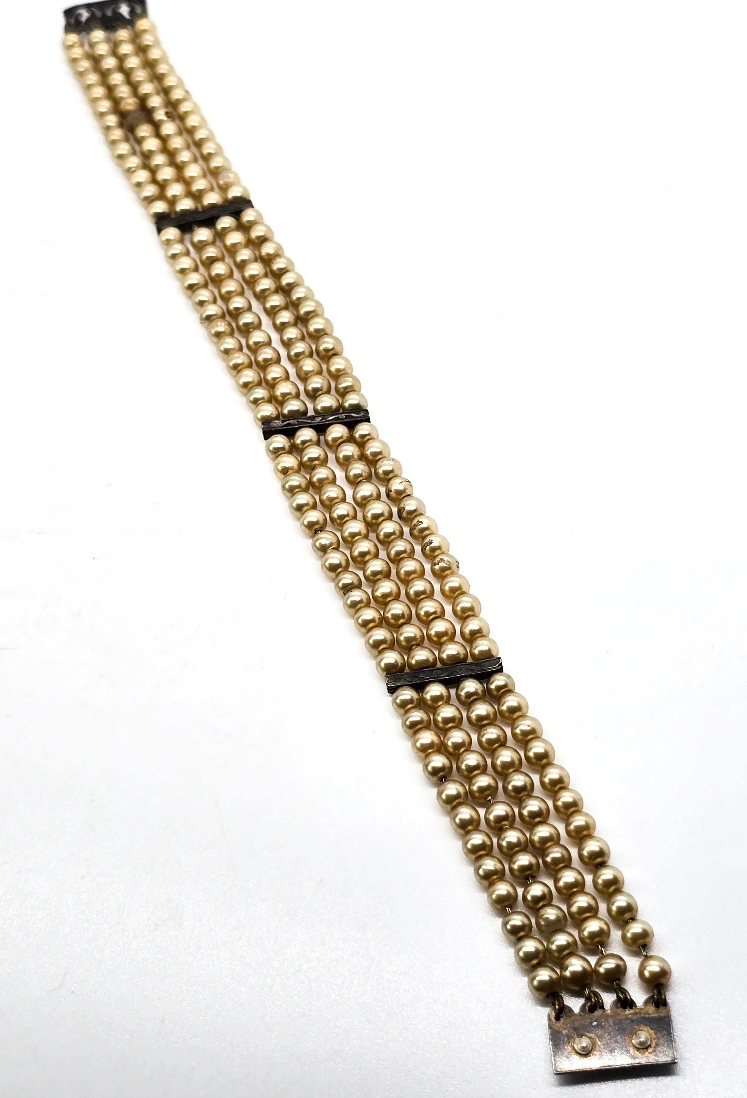 Art Deco faux pearl antique sterling silver 4 strand snap clasp bracelet