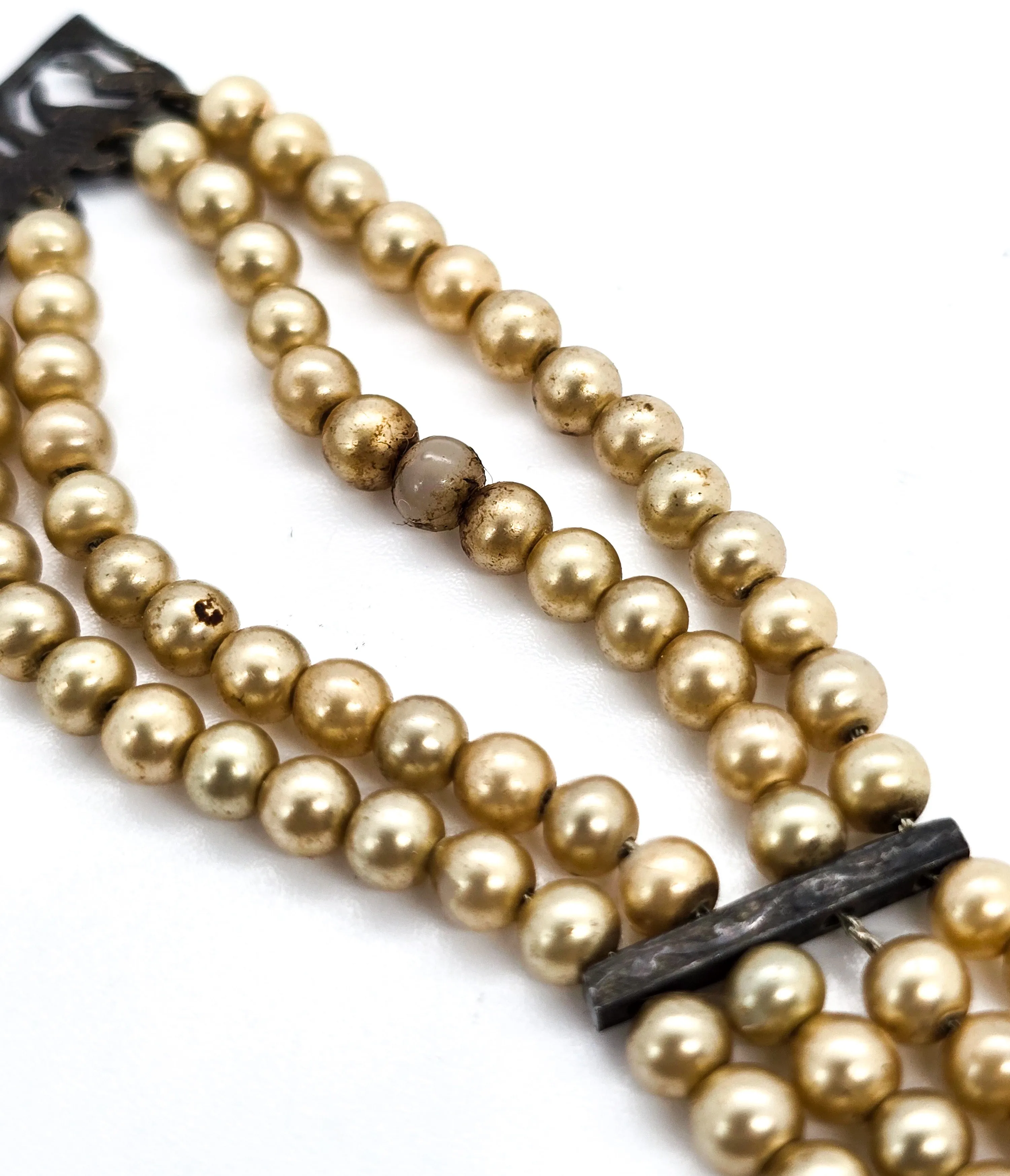 Art Deco faux pearl antique sterling silver 4 strand snap clasp bracelet